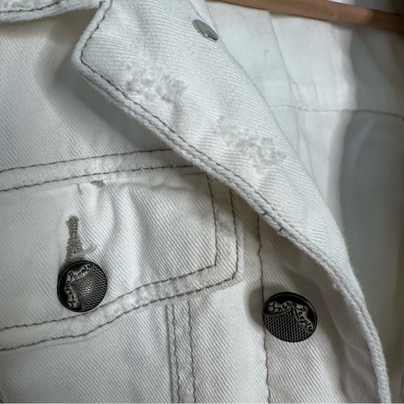 Free People | Knit Hooded White Denim Distressed Jean Jacket Fabric Sleeves Sz M - Picture 9 of 12